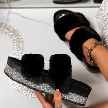 Load image into Gallery viewer, Women Faux Fur Slippers Rhinestone Wedges platform
