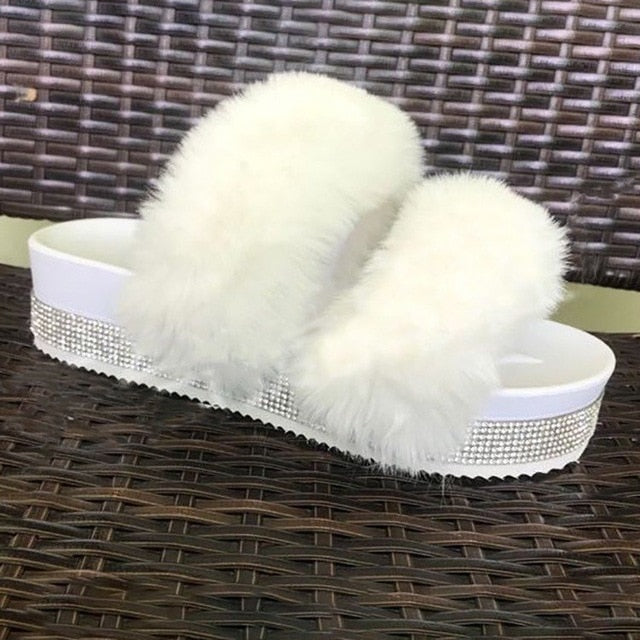 Women Faux Fur Slippers Rhinestone Wedges platform