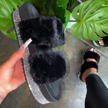 Load image into Gallery viewer, Women Faux Fur Slippers Rhinestone Wedges platform
