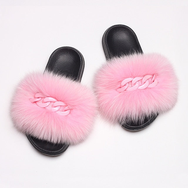 Faux Fur Slippers Fluffy Flip Flops With Shiny Chain